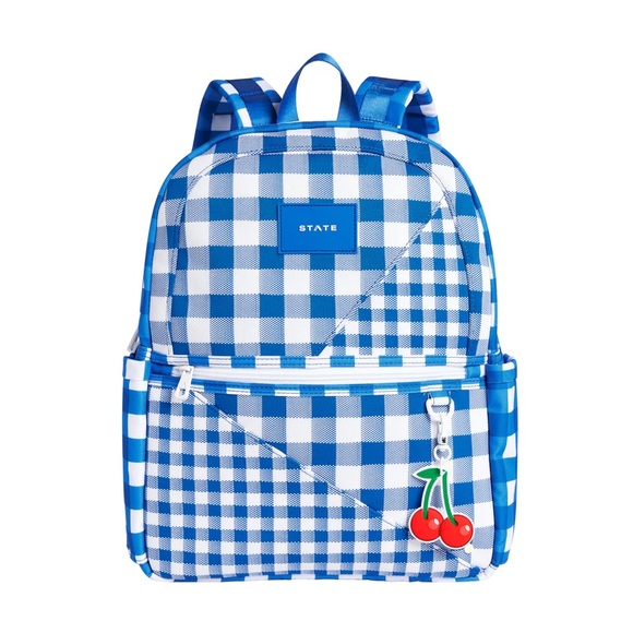State Kane Kids Travel Backpack Intarsia Blue Gingham Cherry Bag Charm